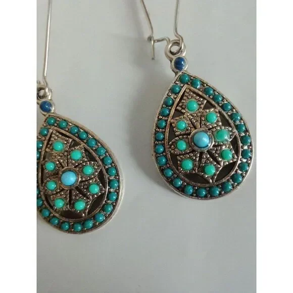 Turquoise Stones & Silver Metal Earrings - Picture 3 of 8
